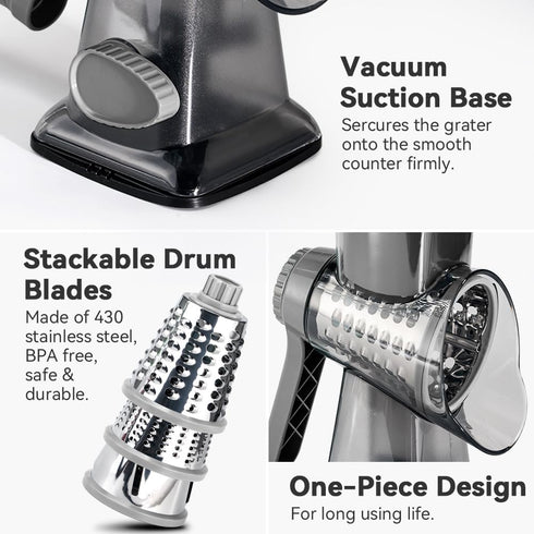 3-in-1 Cheese Grater Hand Crank Rotary Vegetables Shredder with Handle, Graters with Interchangeable Blades