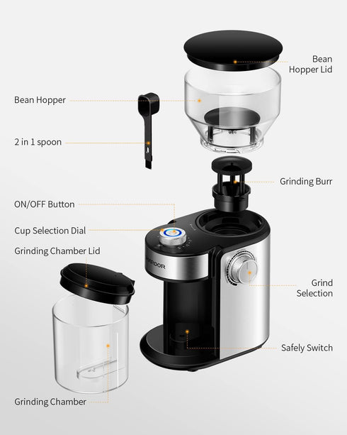 SHARDOR Coffee Grinder – Adjustable Burr Mill with 16 Precise Grind Settings for 2-14 Cup, Silver