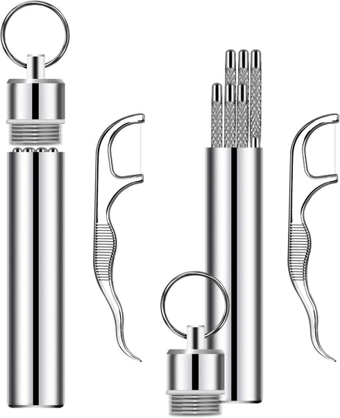 7Pcs Portable Stainless Steel Toothpicks Pocket Set, Reusable Metal Cleaning Kit with Holder for Outdoor Travel