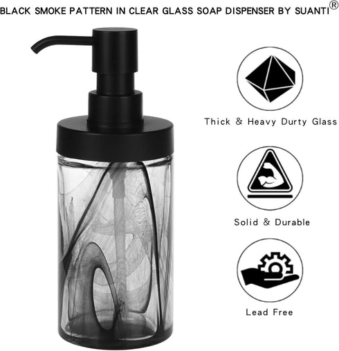 Soap Dispenser - 12.5 Oz Black Moire Wide Open Glass Hand Soap Dispenser - Refillable for Bathroom & Kitchen