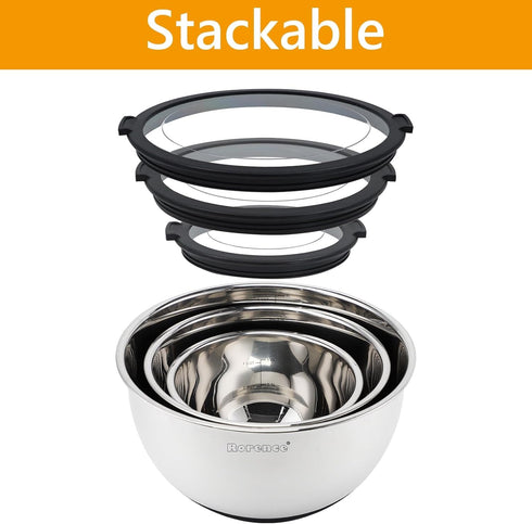Rorence Stainless Steel Mixing Bowls Set - 3 Nesting Metal Salad Bowls with Transparent Lids, Non-slip Silicone Bottom