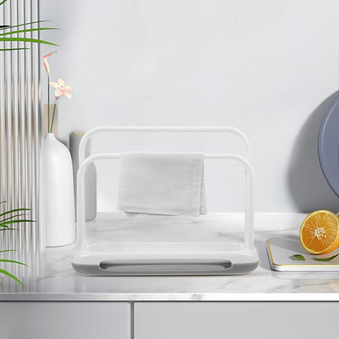 Towel Rack Stand with Drain Spout, Quick-Drying Kitchen Storage for Sponges, Dishcloths, Compact Design for Countertop