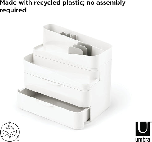 Umbra Glam Organizer, Large Makeup Organizer with Three Drawers, Rubber Feet and Removable Dividers, White/Grey