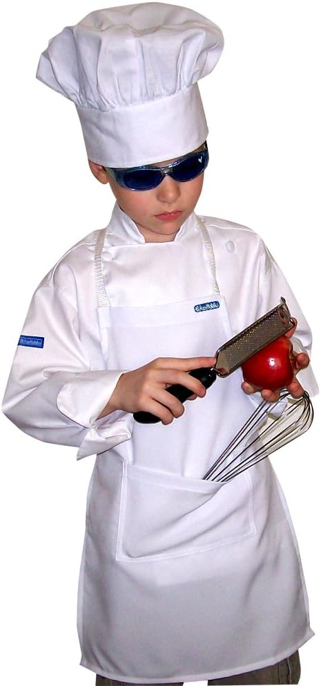 CHEFSKIN Small White Kid Children Chef Set (Apron + Hat) Lite Fabric Fits 2-8