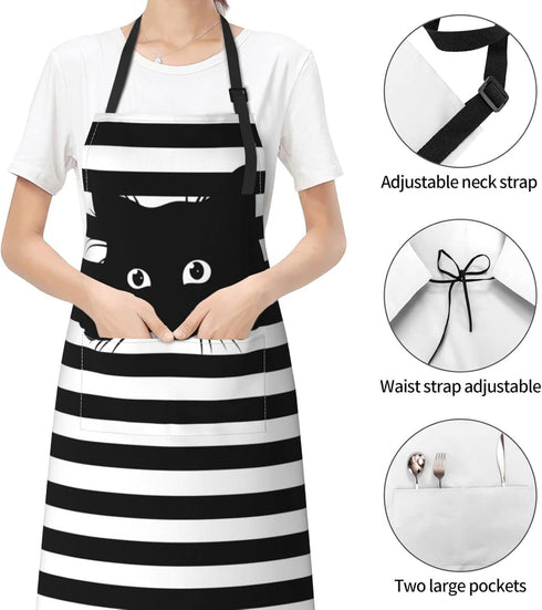Funny Black Cat Waterproof Apron with 2 Pockets - Kitchen Chef Aprons Bibs for Cooking, Baking, Painting, Gardening