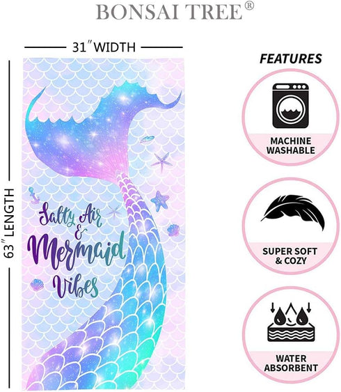 Bonsai Tree Mermaid Beach Towel, Cute Microfiber Bath Towel for Girls, Sand Free Quick Dry, 31" x 63"