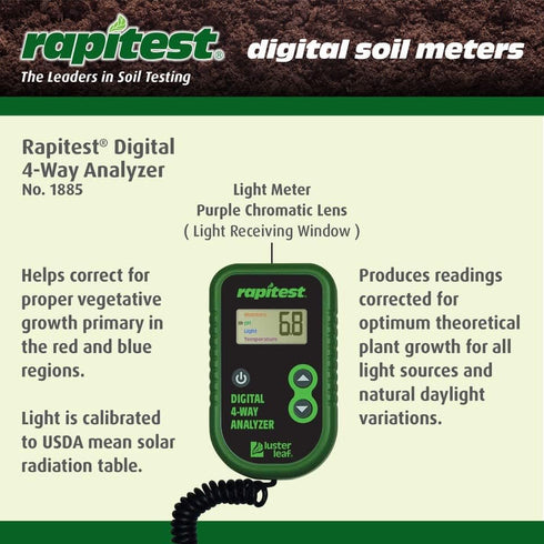 4-Way Luster Leaf Rapitest Digital Soil Analyzer for pH, Moisture, Temperature, and Light Designed and Engineered