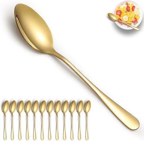 Gold Stainless Steel Dinner Spoons Set of 12, Table, Soup, Dessert Spoons for Home, Kitchen, Restaurant, Dishwasher Safe
