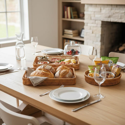3pcs Rectangular Serving Tray with Handles, Decorative Wicker Organizer Baskets Storage Tray for Coffee Table, Bread