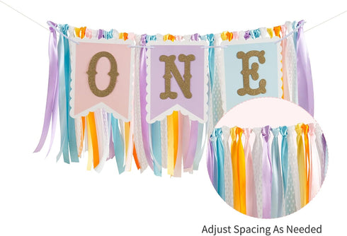 Q&High Life 1st Rainbow High Chair Banner for Birthday - Macaron Color "ONE" Garland with Tulle for Baby Girl Smash