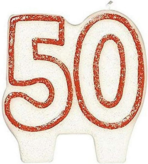 #50 Celebration Candle in White/Red, Party Supply