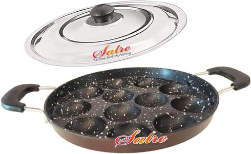 Satre Online Non-Stick Aluminium Appam Pan with Steel Lid, 12 Pits, Black & Silver