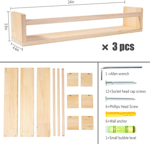 24 Inch Set 3 AZSKY Nursery Book Shelves Rustic Natural Wood Floating Shelves,Wall Book Shelves for Farmhouse,Bathroom