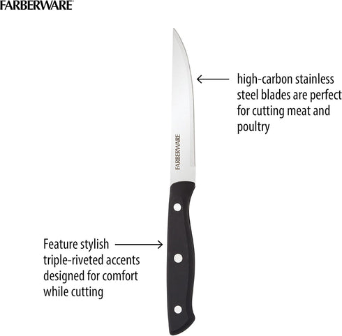 Farberware 6-Piece Triple Riveted Steak Knife Set, High-Carbon Stainless Steel, Razor-Sharp Fine Edge Blades, Black