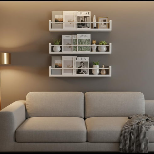 Set 3 24 Inch of Kids Floating Bookshelves White Wall Mounted Nursery Book Shelves with Safety Rail Ideal Storage