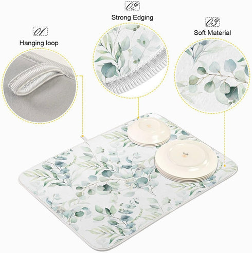 Green Leaves Dish Drying Mat for Kitchen Counter, Super Absorbent Reversible Microfiber Protector Pad, Medium 16x18 inch