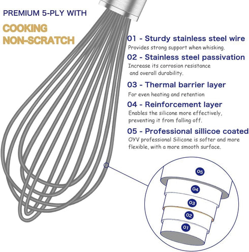 Grey Silicone Whisk, Professional Non-Scratch Whisks for Cooking, Set of 3 for Nonstick Cookware
