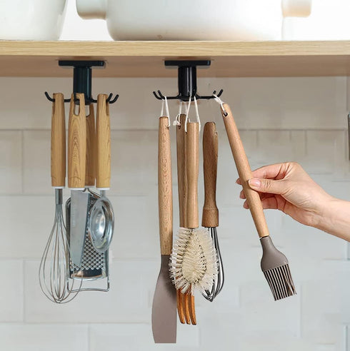 2pcs Under Cabinet Kitchen Utensil Hooks, 360 Rotating Adhesive Hanging Rack for Tools, Towel, Knife (Black)