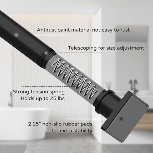 Tension Shower Curtain Rod, 31-68 Inches, Non-Slip Adjustable Tension Mounted Black Shower Rod for Windows Bathroom