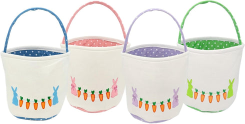 9 Inch Easter Basket, White Canvas with Bunny and Carrot Design, Diameter, Polka Dot Liner, Foldable Handle, for Egg