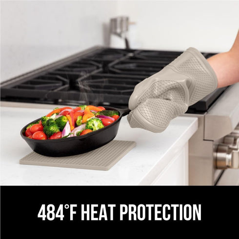 Gorilla Grip 4 Piece Silicone Oven Mitt and Trivets Set, Heat and Slip Resistant, Waterproof, Cotton Lined Gloves,
