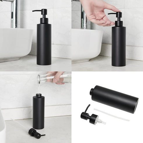 Soap Dispenser - Matte Black with Funnel and Non-Slip Coaster, 304 Stainless Steel Pump for Bathroom and Kitchen (12oz)