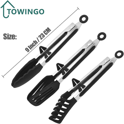 Kitchen Tongs, 9 Inch Silicone Tips Tongs for Cooking, Mini Serving Tongs for Nonstick Pans, BBQ, Set of 3, Black
