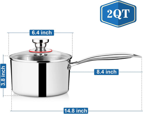 P&P CHEF 2 Quart Saucepan with Lid, Tri-Ply Stainless Steel Sauce Pan with Glass Lid, Small Induction Pot, Kitchen Cookware for Cooking Boiling Stewing, Dishwasher Safe