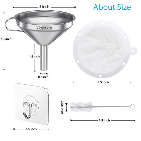 5-Inch Premium Stainless Steel Funnel with 200 Mesh Food Strainer for Kitchen Bottles