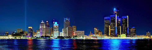 PHOTOSBYJON Detroit Skyline UNFRAMED Photo Print, Night Color City Downtown, 11.75 x 36 inches