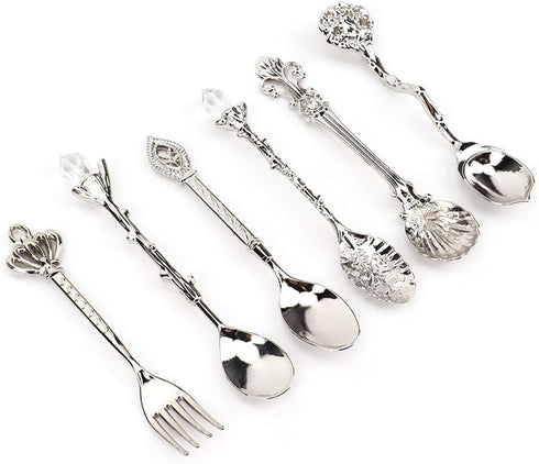 Fdit 6Pcs Vintage Carved Coffee Spoon Set, Retro Zinc Alloy Dessert Cutlery for Kitchen (Silver)
