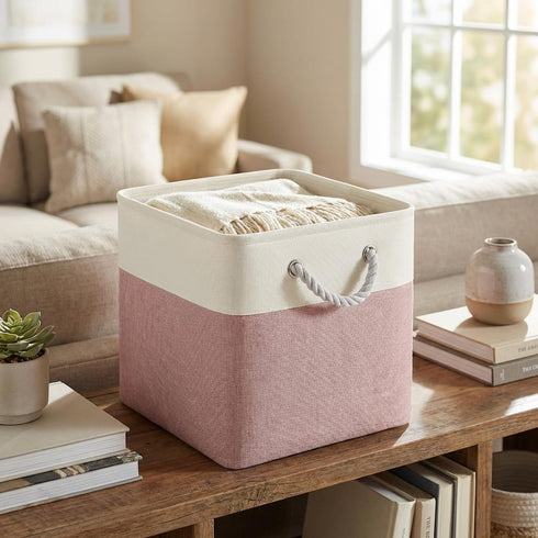 6 Pack 11x11 inch Closet, FinishingBo Cube Storage Bins, with Cotton Handles for Shelves, Clothes, Towel (White/Pink)