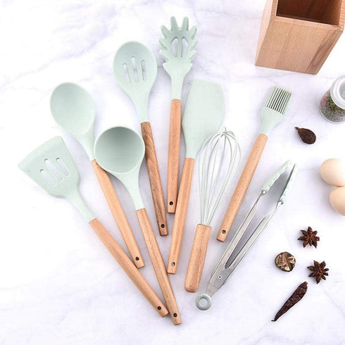 Pasta Server Silicone Cooking Utensil, BPA Free Non-Toxic Spaghetti Spoon with Natural Wood Handle