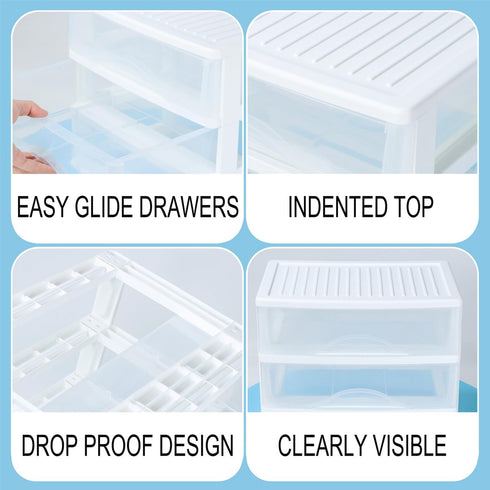 BYCY Plastic Stackable Storage 4 Drawers, White Makeup Organizer with Wide Clear Drawers, Tabletop Drawer Organizer for