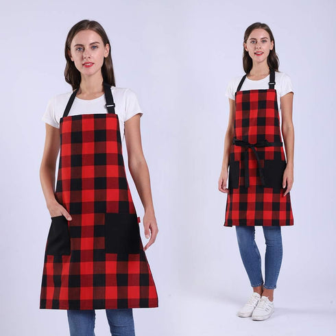 Chef Bib Apron - Red/Black, 32" x 28", 40" Long Ties, Adjustable Neck Strap, 2 Pockets, Christmas Gift for Men Women