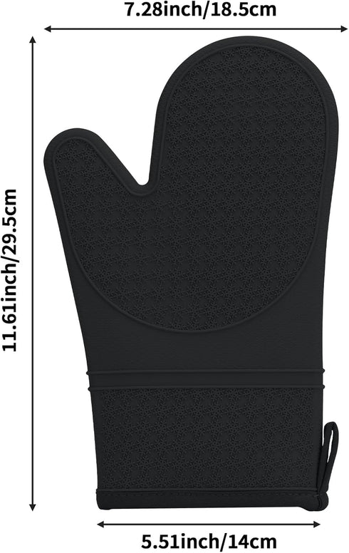 Silicone Oven Mitts, Oven Gloves with Non-Slip Waterproof - 2PCS Black Oven Mittens Heat Resistant 600 Degree, Soft Lining Silicone Oven Mits for Cooking Baking Kitchen Mitten by Hovico