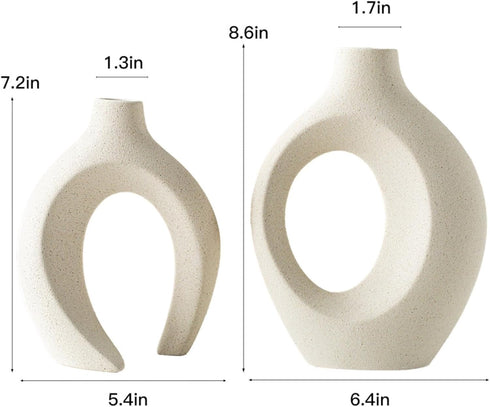 Set 2 6.3" 8.4") Snuggle Hollow Ceramic Vase of for Coffee Table Decor, Donut Decorative Vases for Boho Modern Table