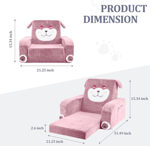 1-3, Kids Couch, Children's Sofa Bed, Folds into a Recliner, Pink Puppy Design, Suitable for Toddlers Aged Birthday