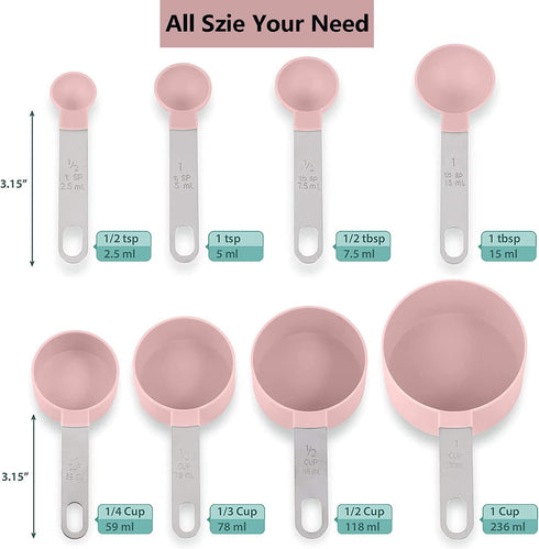 8 Pieces Measuring Cups and Spoons Set / Nesting Measuring Cups with Stainless Steel Handle / for Dry and Liquid Ingredient (Light pink) by GoldenPlayer