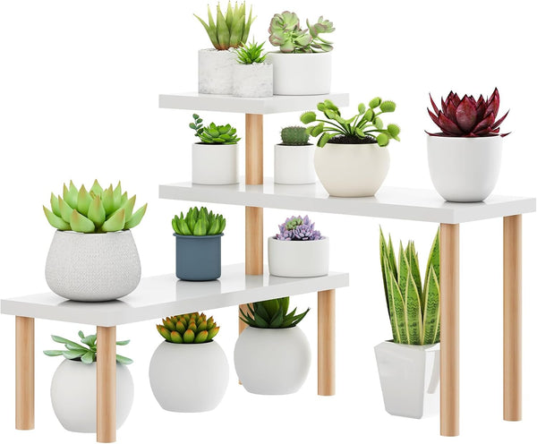 Small Plant Stand Shelf ,3 Tiers Wood Long Desktop Flower Pot Holder