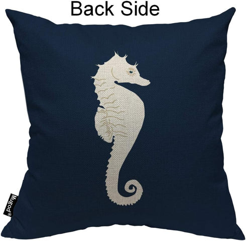 Mugod Sea Horse Decorative Throw Pillow Cover, White and Navy Blue, 18x18 Inch Cotton Linen Cushion