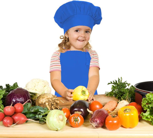 Kids Adjustable Cotton Apron and Chef Hat Set, Blue Kitchen Bib Aprons for Cooking Baking Painting