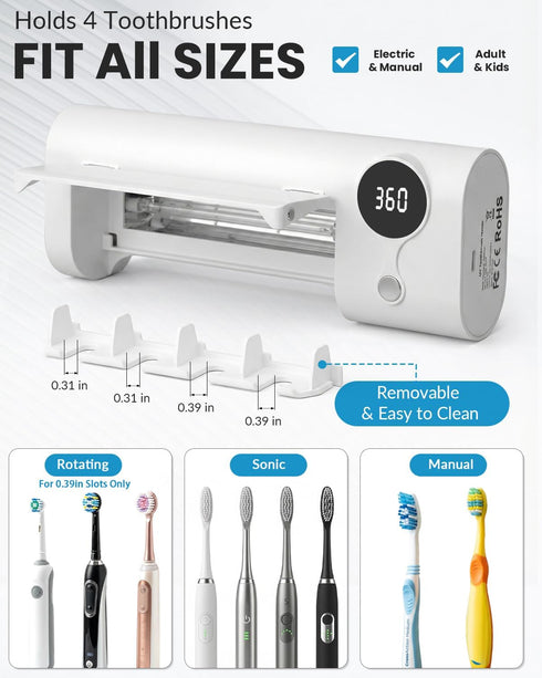GEVOODIX 4-Slots UV Toothbrush Sanitizer and Holder, Smart Toothbrush Holder with Holders, Tooth Brush Cleaner Wall