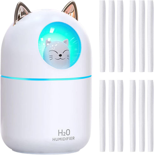 Small Cute Portable Humidifier with 12 Pcs Humidifier Sticks, 7 Color Night Light USB Air Humidifier for Bedroom Office