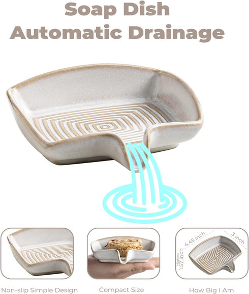 Countertop, Soap Dishes, Ceramic Shower Soap Dish with Waterfall Design Bar Soap Holder Self Draining Soap Saver