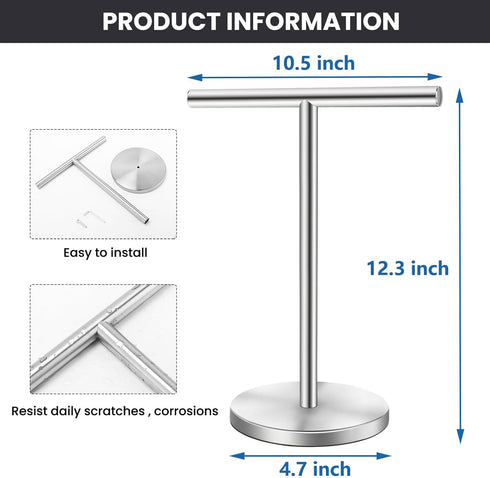 T-Shape Bath Hand Towel Holder Stand - Stainless Steel Free Standing Rack for Bathroom and Kitchen, Silver