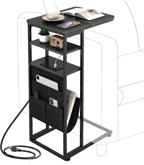 C Shaped End Table with Charging Station, 28"(H) 3-Tier C Table with