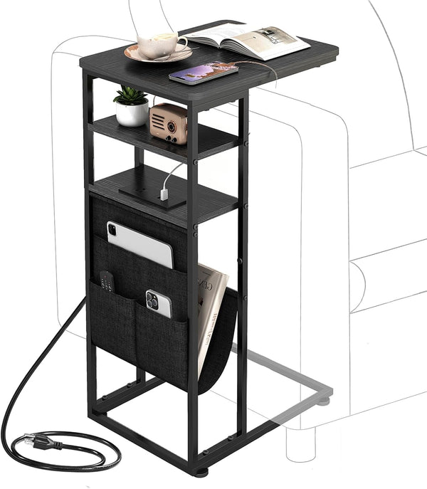 C Shaped End Table with Charging Station, 28"(H) 3-Tier C Table with