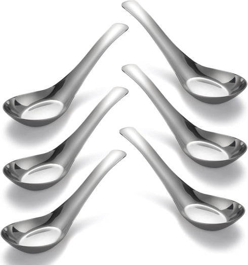 Set of 6 Stainless Steel Soup Spoons, Mirror Polished Chinese Dinner Spoons for Bouillon, Dessert, and Cereal