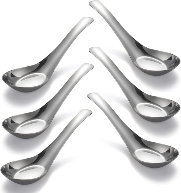 Set of 6 Stainless Steel Soup Spoons, Mirror Polished Chinese Dinner Spoons for Bouillon, Dessert, and Cereal